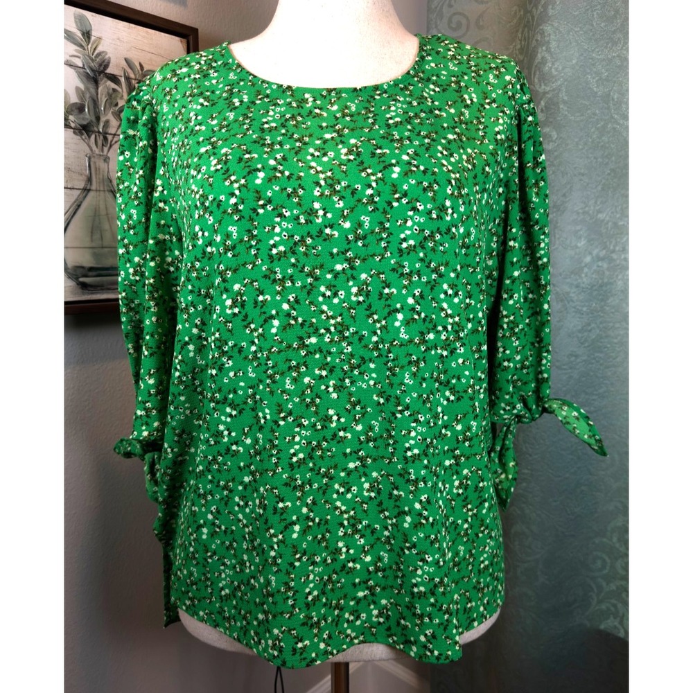 CeCe Emerald Green Micro Floral Blouse Size L Tied 3/4 Sleeve Popover Office Top
